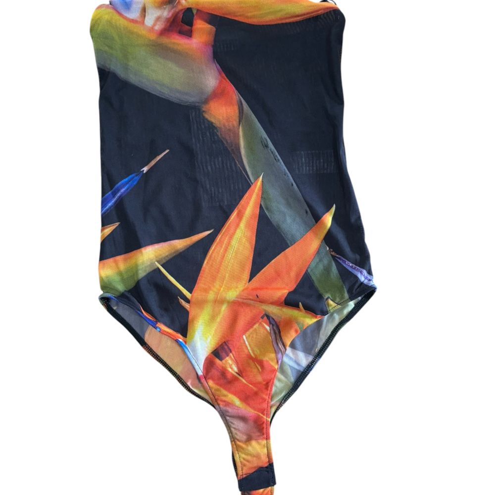 Zara NWT Tropical Bird of Paradise Mesh Tube Bodysuit Small Strapless